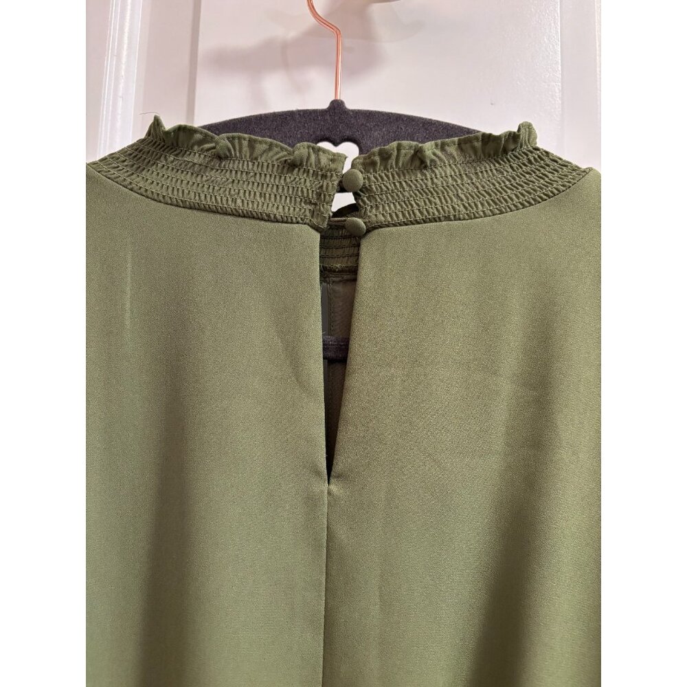 Nanette Lepore Olive Green Puff Sleeve Smocked Waist Ruffle Hem Dress Size 2 - Picture 6 of 6
